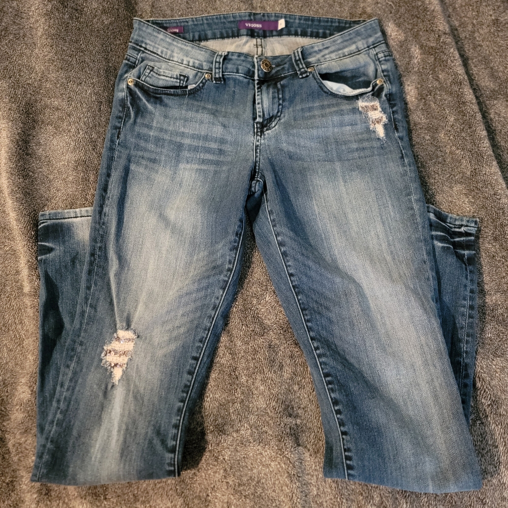 Vigoss Blue Skinny Jeans with Distressed Details that Have Bling